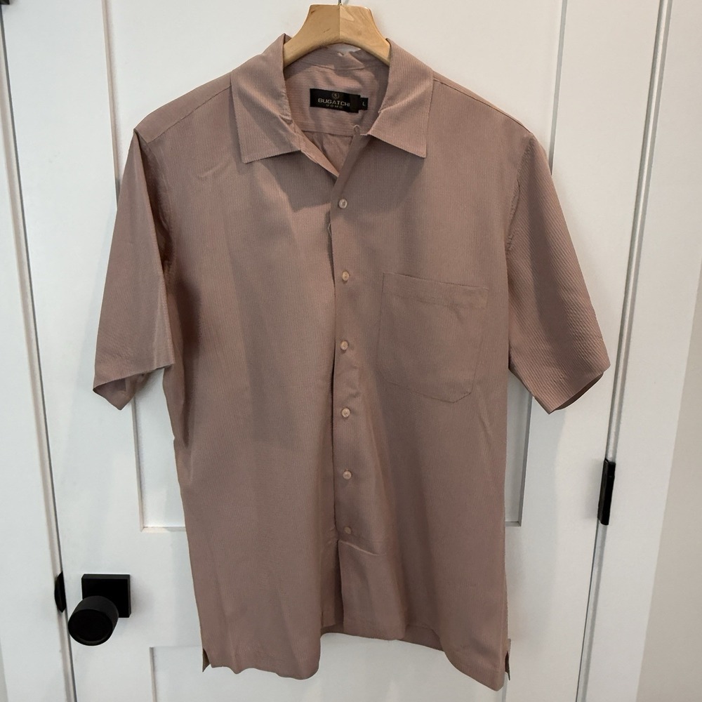 Bugatchi Uomo Mens Large Geometric Short Sleeve Button Up Shirt Mauve/Blue